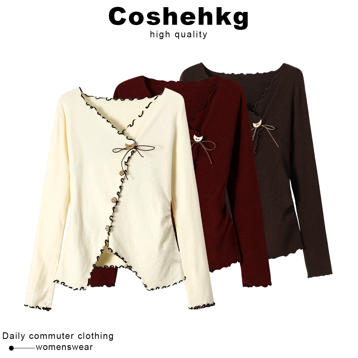 

Coshehkg Gentle Wind Wooden Ear V-neck Knitted Sweater Women's Autumn Winter Slimming Irregular Base Layer Top
