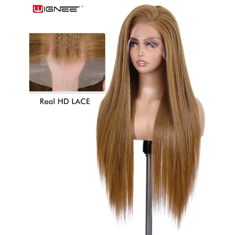 WIGNEE peluca con malla frontal sintética 13x6, 28 peluca marrón mixta, pelucas frontales de encaje hechas a mano prearrancadas con pelo Kanekalon Futura Volumino