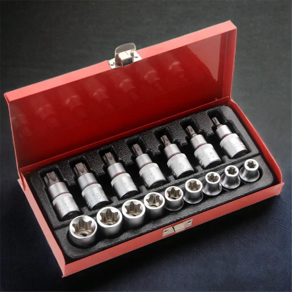 

1/2-inch Socket Set Drive Hand Repair Tools E8BD Torx Bit with Case E10-E24 T30-T70 16 Pcs Cr-V Steel Steel Star Bit Set