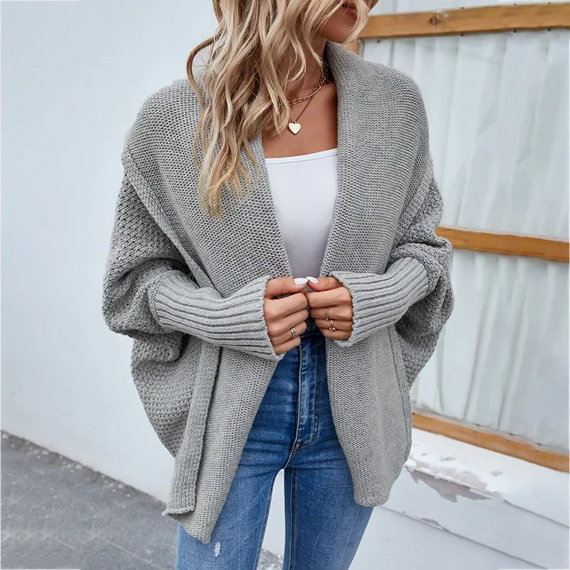 Autumn and Winter New Women's Knitted Shirt Solid Color Bat Sleeve European and American Sweater Cardigan Coat for Women