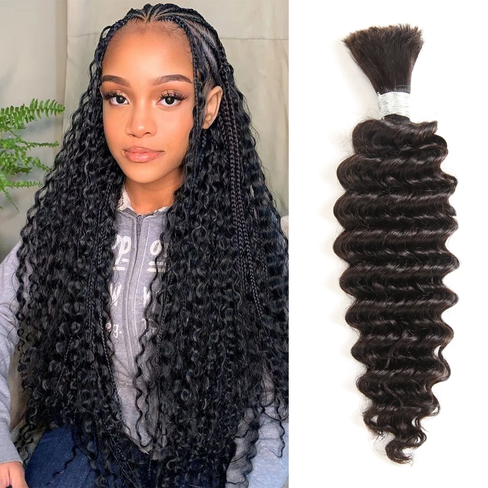 

Sleek Deep Wave Bulk Hair Extensions for Boho Knotless Braiding QVR 22 Inch Natural Deep Wave Brazilian Bulk Human Hair Bundles