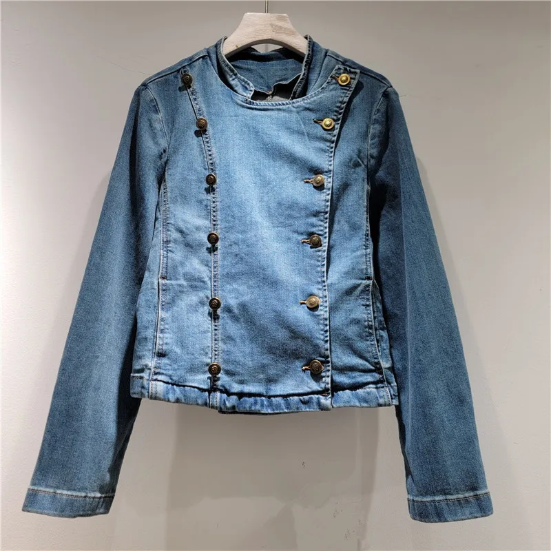 Vintage Double-Breasted Blue Slim Short Denim Jacket Coat Women Stand Collar Long Sleeve Spring Autumn Female Cowboy Outerwear