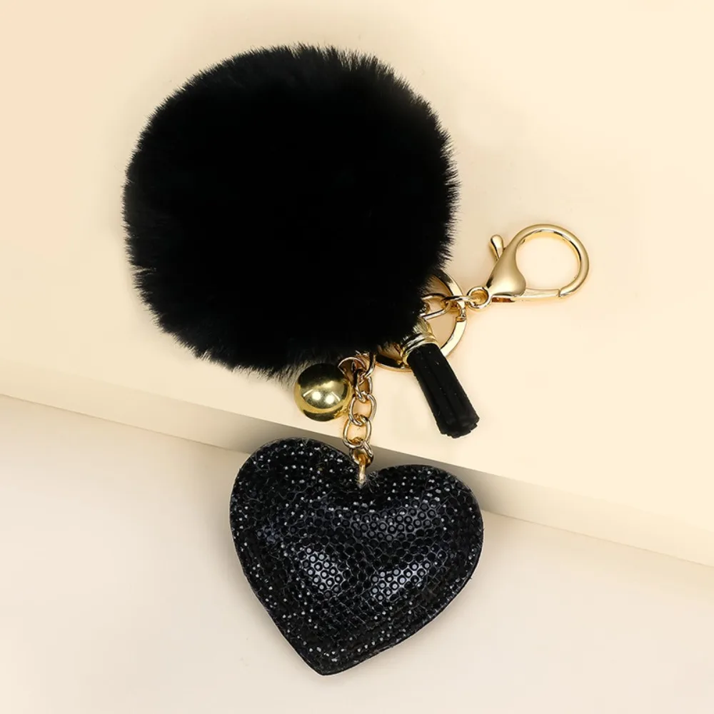 Fashion Faux Fur Ball Keychain Solid Color Alloy Bag Pendant Rhinestone Heart Key Ring Girl