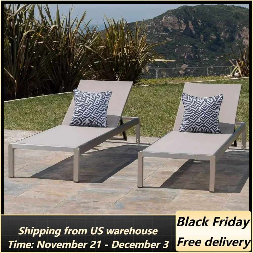 Set of 2 Recliner Outdoor Aluminum Chaise Lounge Relaxing Chair Grey Freight Free Furniture