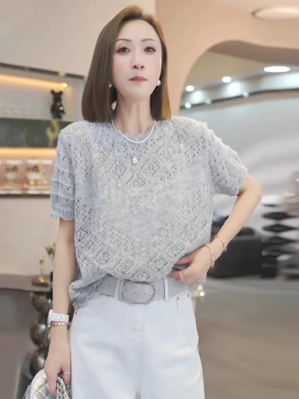 

Gray Slimming Hollow Knitted Top Women's Spring Thin Sun Protection Cover up Short Sleeve Versatile Fashionable Korean Style