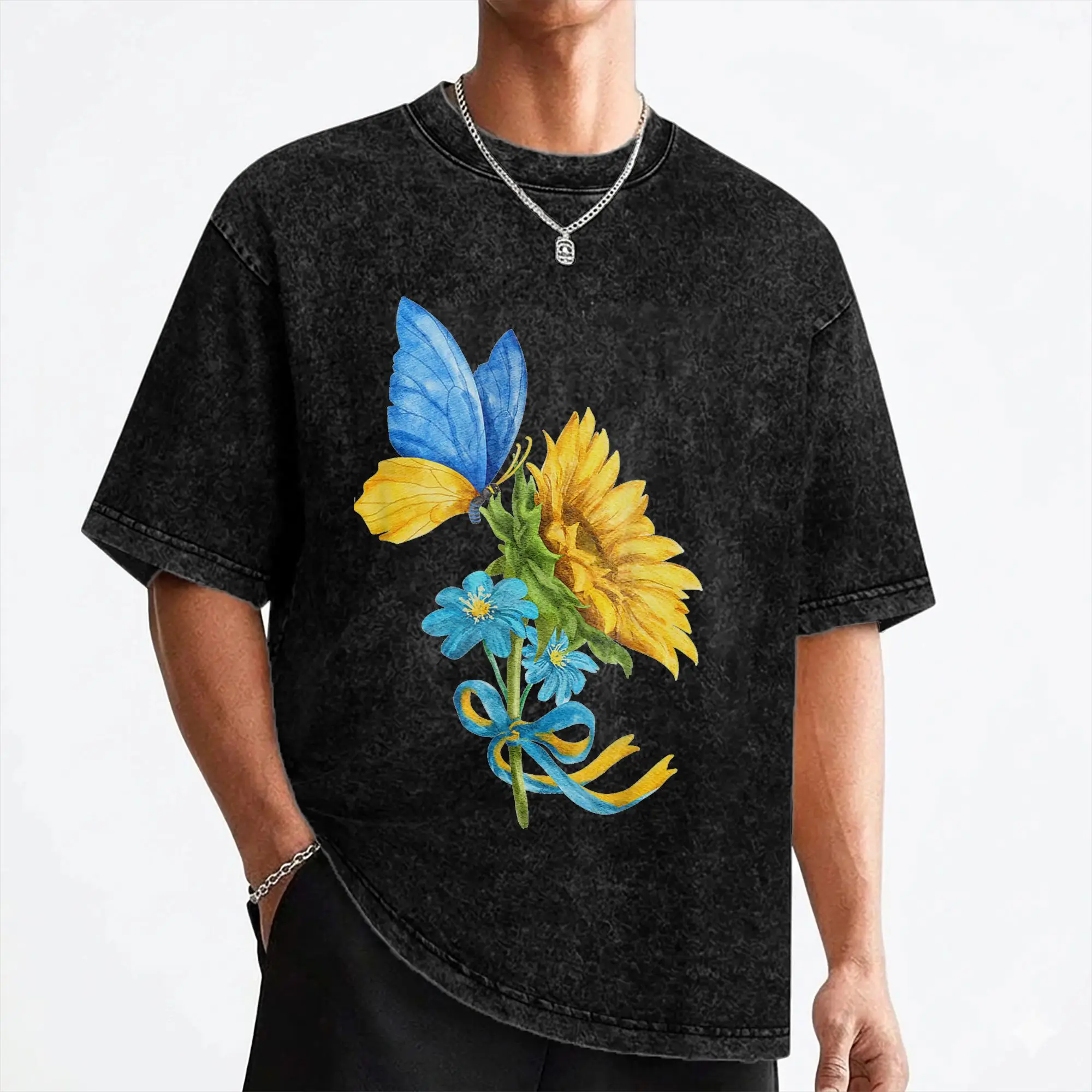 Sunflower Ukraine Flag Butterfly Ukrainian Flag T Shirts Washed Cotton T-Shirt Vintage for Men Women Streetwear Printed Tees