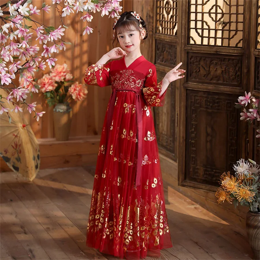 Neues altes chinesisches Seiden-Tang-Dynastie-Hanfu-Kostüm-Set für Mädchen und Kinder, Tanz-Cosplay, traditionelle chinesische Kleidung