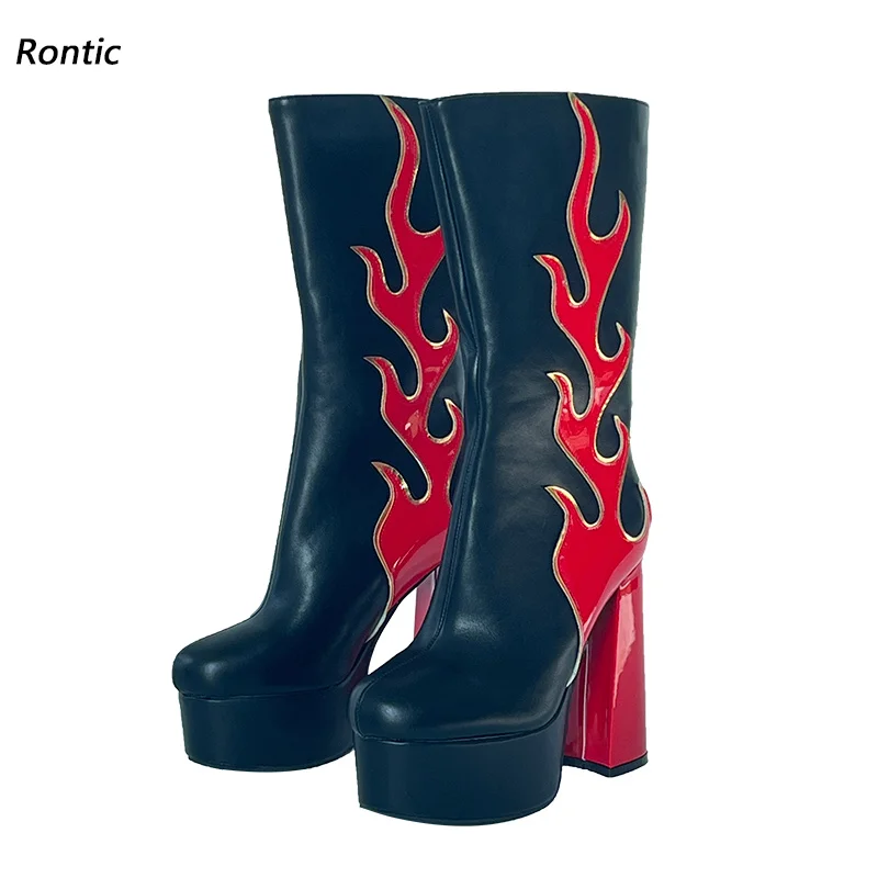 Rontic New Arrival Women Winter Mid Calf Boots Stiffi Faux Leather Chunky Heeled Round Toe Beautiful Red Club Shoes US Size 5-20