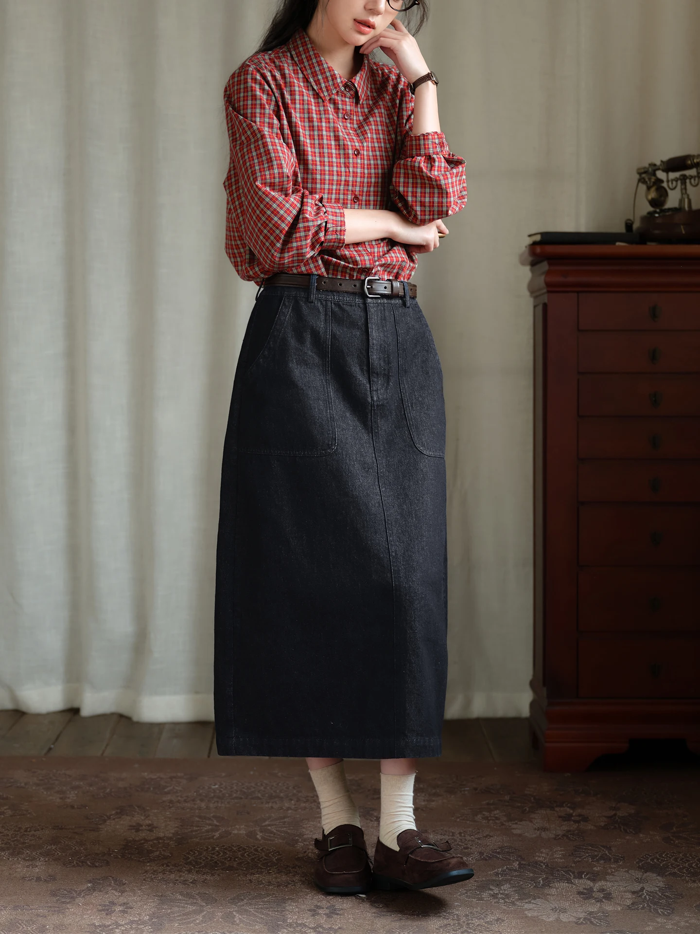 High Waist Cotton Denim Skirt Women's Autumn Fashion Slim Straight Skirt Casual Style Pure Cotton Evening Blue Half-length Skirt