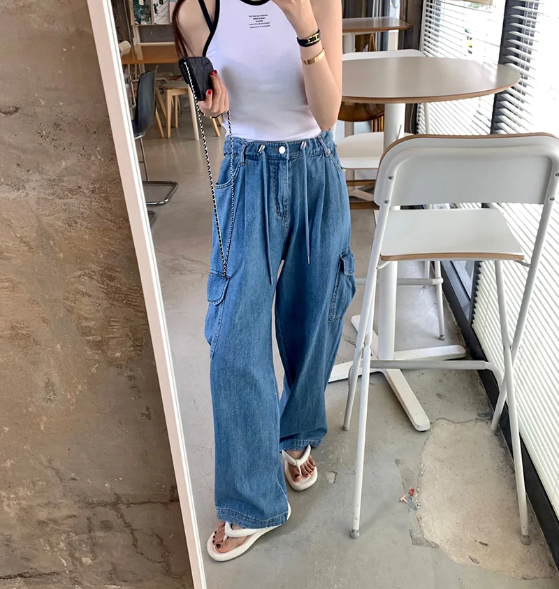 

Женские винтажные джинсы с высокой талией, прямые, на шнурке, свободного кроя, длинные повседневные брюки с большими карманами, эффект похудения