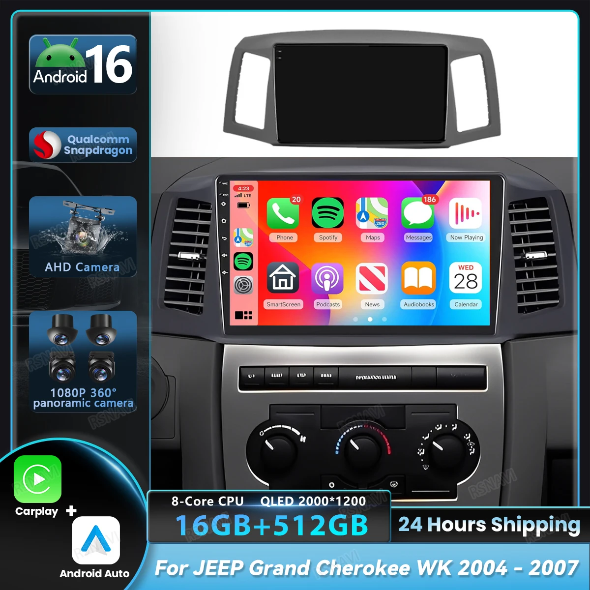 Android 16 Carplay Auto para JEEP Grand Cherokee WK 2004 - 2007 Radio Multimedia para Auto, Reproductor de Navegación, Video, WIFI+4G, BT, Qualcomm