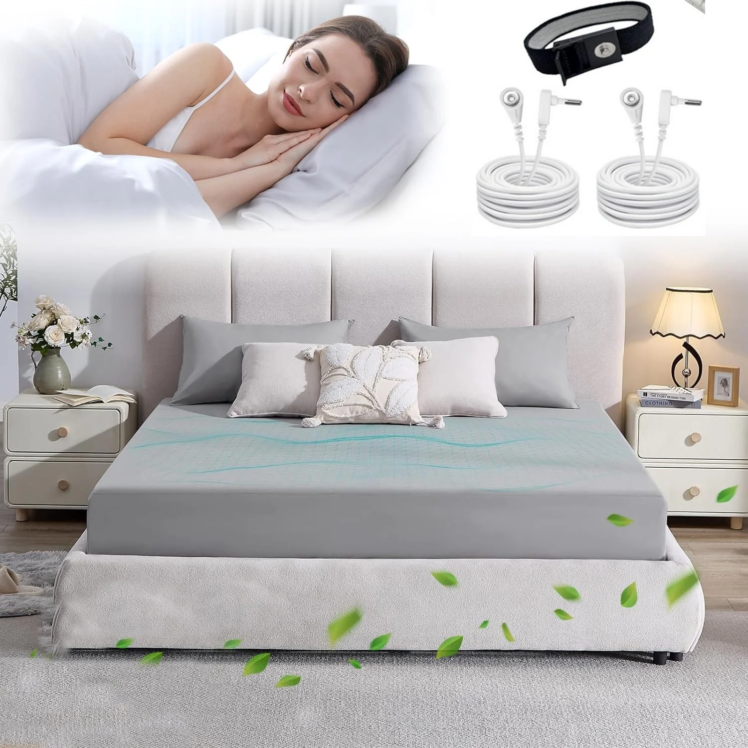 

TwinXL(39"x80")Grounding Sheets Earth Grounded Fitted Bed Sheet 5% Silver Fiber+95% Organic Cotton, Bed Grounding Kit