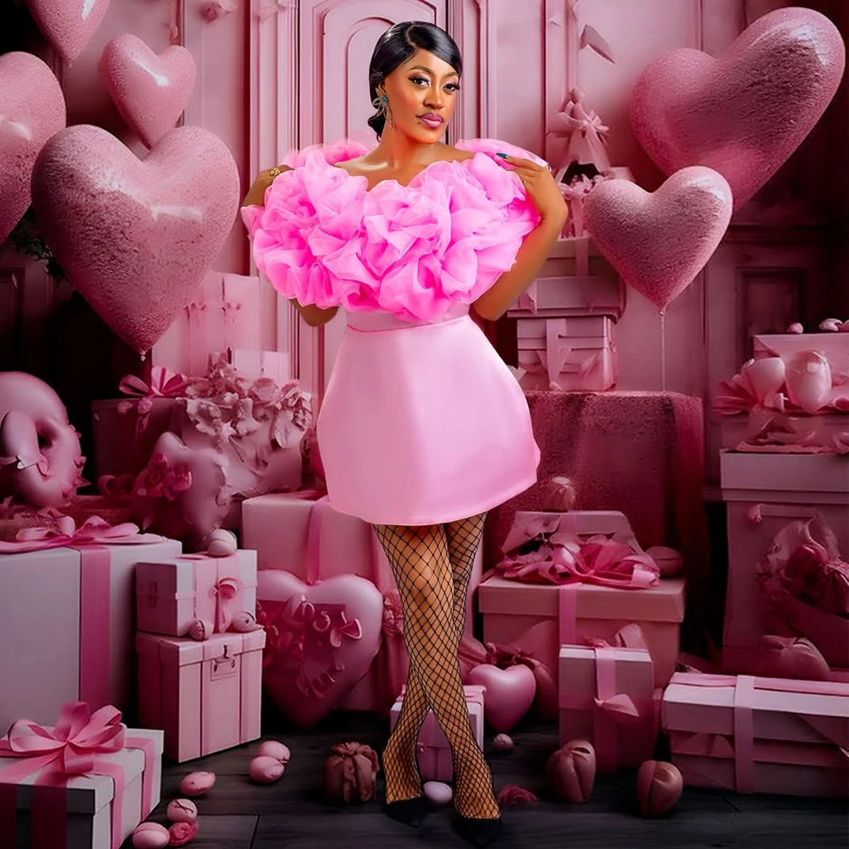 

Pretty Black Girls Pink Short Birthday Dress Fashion Ruffled Organza Unique Cocktail Party Dresses Aso Ebi Wedding Guest Dress