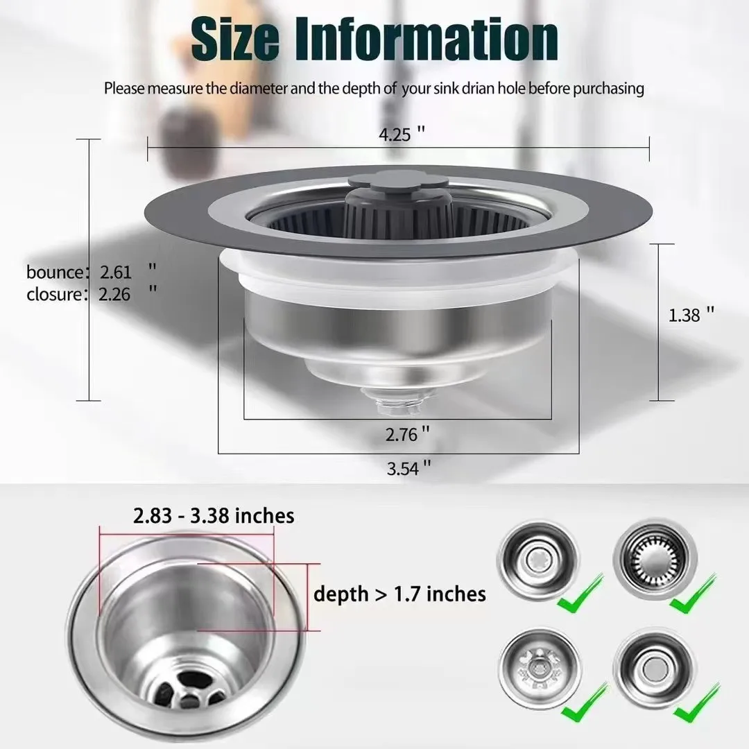 Stainless Steel Kitchen Sink Filter Screen Bounce Core Drain Universal Drain Plug Shower Drain