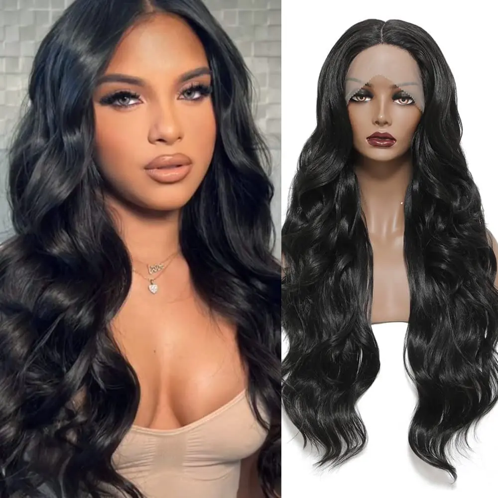 SOKU Long Wavy Lace Front Wig for Black WomenMiddle Part Natural Wave Synthetic Front Wig Heat Resistant Hair Replacement Wigs