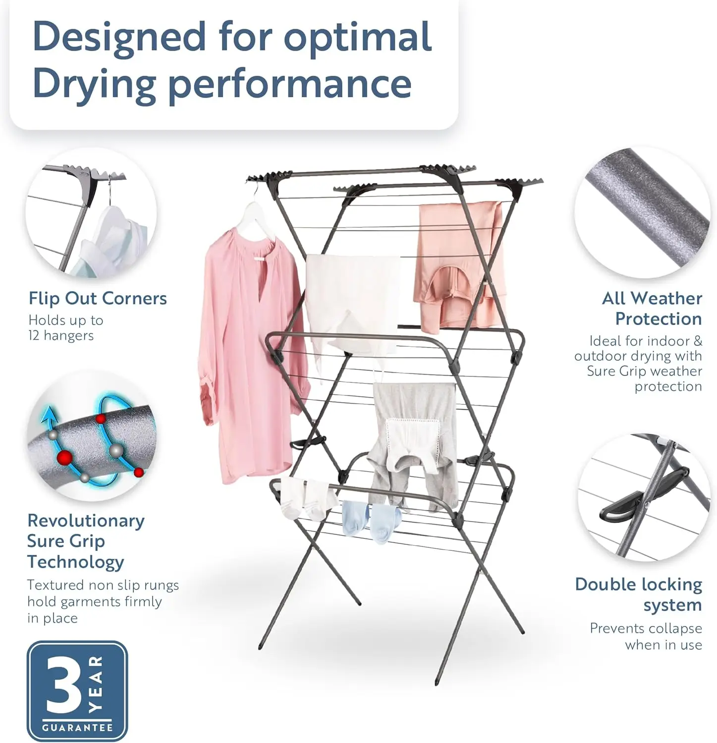 Premium SureGrip 3 Tier Indoor and Outdoor Clothes Drying Rack, Lightly Textured Non Slip Rungs, 69 Ft. of Hanging Space, Silver