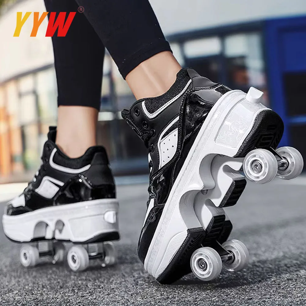 

Deformation Shoes Roller Sneakers With 4 Wheels Skates Adult Kids Runaway Parkour Wheels Shoes For Women Men Youth Sport Shoes