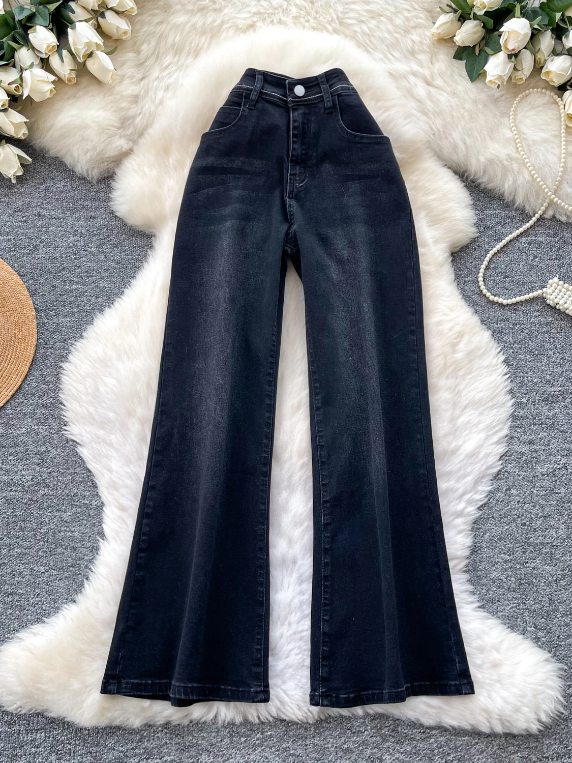 

American Retro High Waist Casual Wide Leg Jeans Women's Black Summer Loose Slimming Straight Long Pants Casual Style