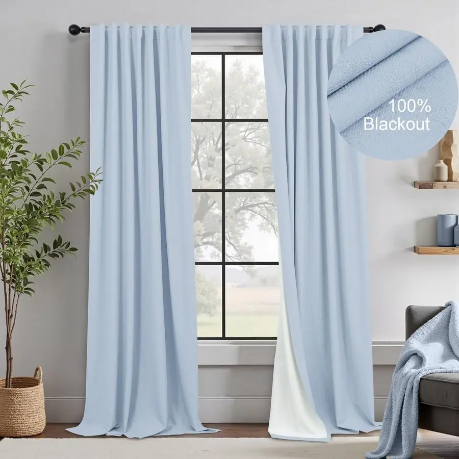

Blue Curtains 84 Inch Length for Bedroom 2 Panel Back Tab Pocket Pale Sky Colored Darkening Insulated Thermal Country Farmhouse