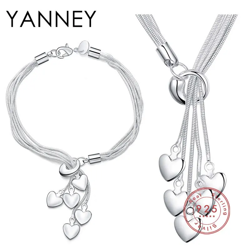 

YANNEY 925 Sterling Silver Sweet Heart Bracelet Necklace Set For Women Fashion Charm Wedding Engagement Jewelry Set