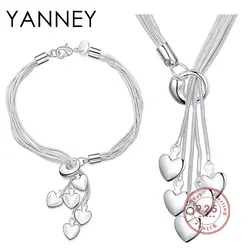 YANNEY 925 Sterling Silver Sweet Heart Bracelet Necklace Set For Women Fashion Charm Wedding Engagement Jewelry Set