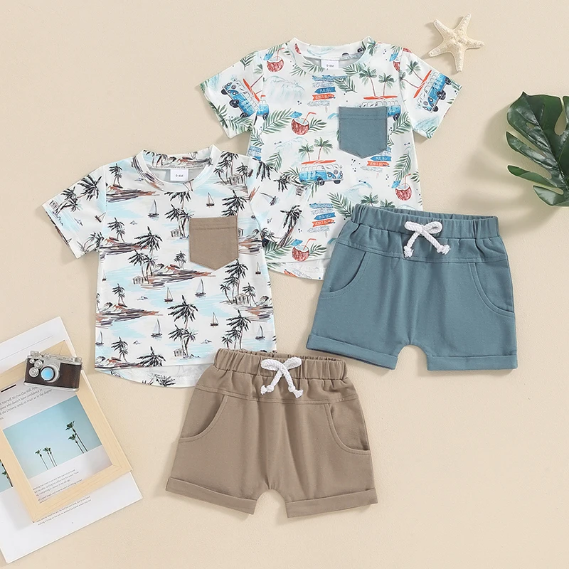 

Toddler Boys Summer Outfits Beach Style Tree Print Short Sleeve T-Shirts Tops Elastic Waist Shorts 2Pcs Clothes Set