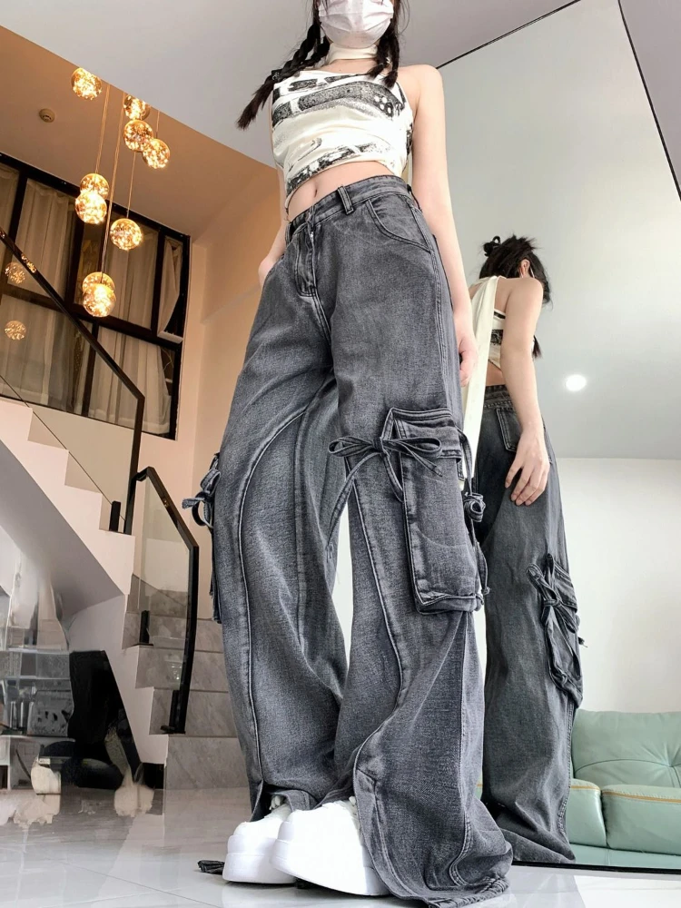 American Vintage Jeans High Waist Design Forked Bow Pockets Patchwork Solid Color Pantalones De Mujer Y2k Vintage 2024 Clothing