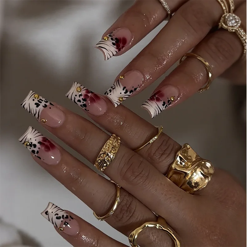 

24Pcs Fake Nail Leopard Print French Tips Euro-Style Square Shape Medium Length Press-On Nail Perfect Gift for Girls and Friends