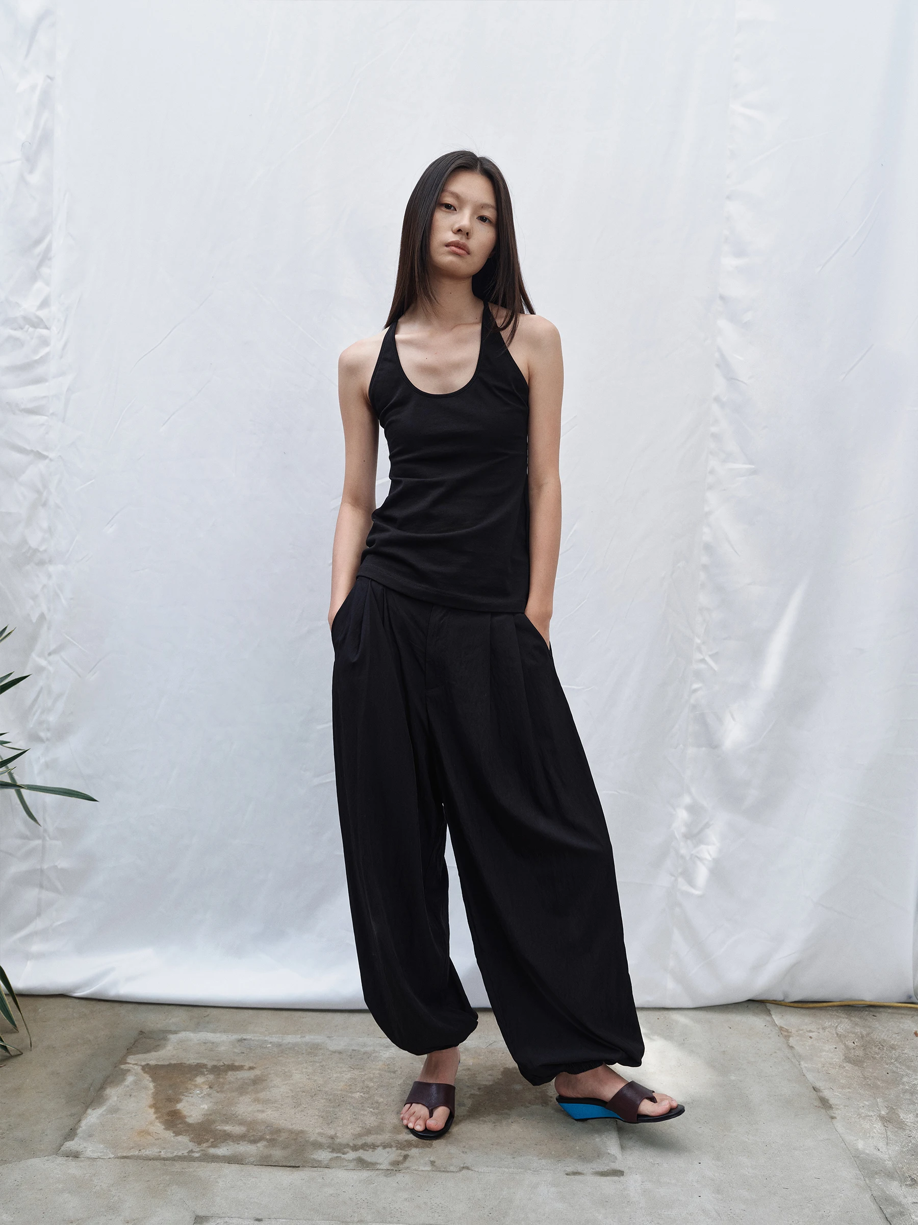 SHKUCO Comfortable Loose Silhouette Drapey Trousers Pleated Cuffed Casual Pants Women's Fashion Natural Waist Rayon Nylon