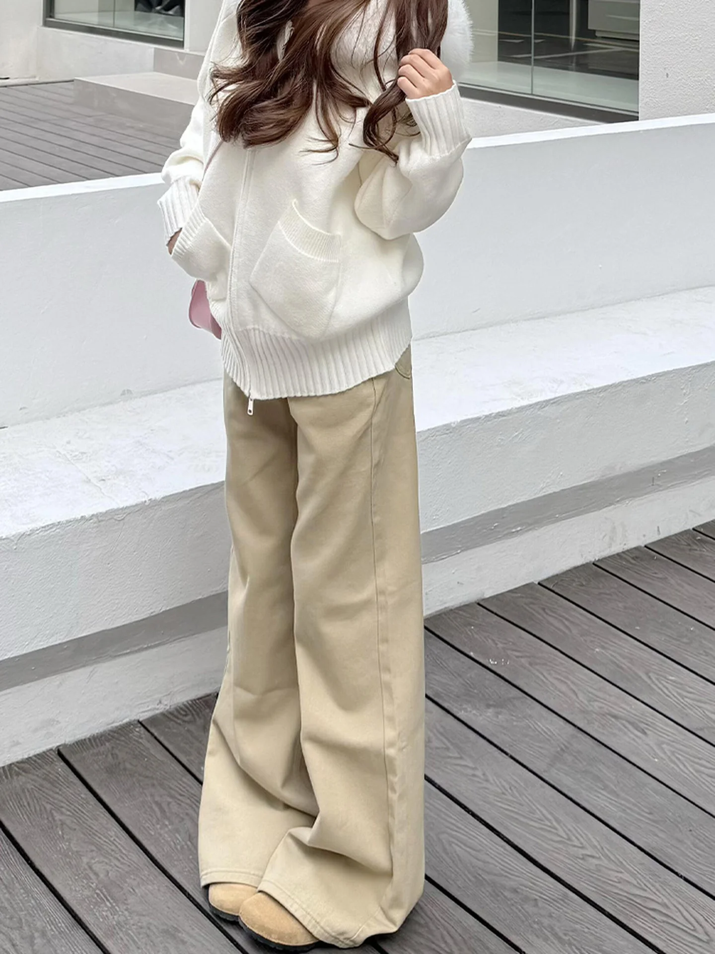 กางเกงยีนส์ผู้หญิงทรงหลวมสไตล์วินเทจอเมริกัน สีกากี ขอบเอวสูง ขากว้าง ช่วยให้ดูผอม  คอลเลคชั่นใหม่ ฤดูใบไม้ร่วง ฤดูหนาว