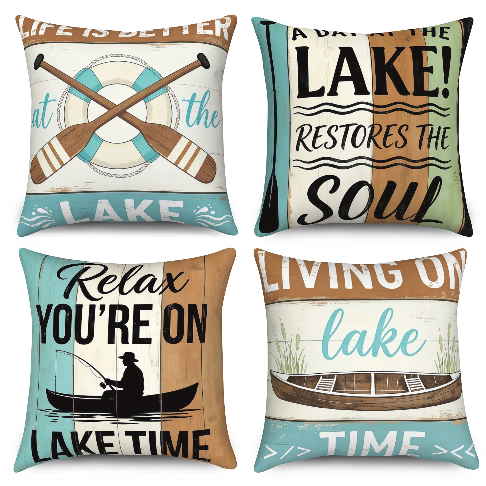 4Pcs/Set Lake House Pillow Covers, Rustic Cabin Life Is Better At The Lake Cushion Cases, Polyester/Linen,Summer Farmhouse Decor