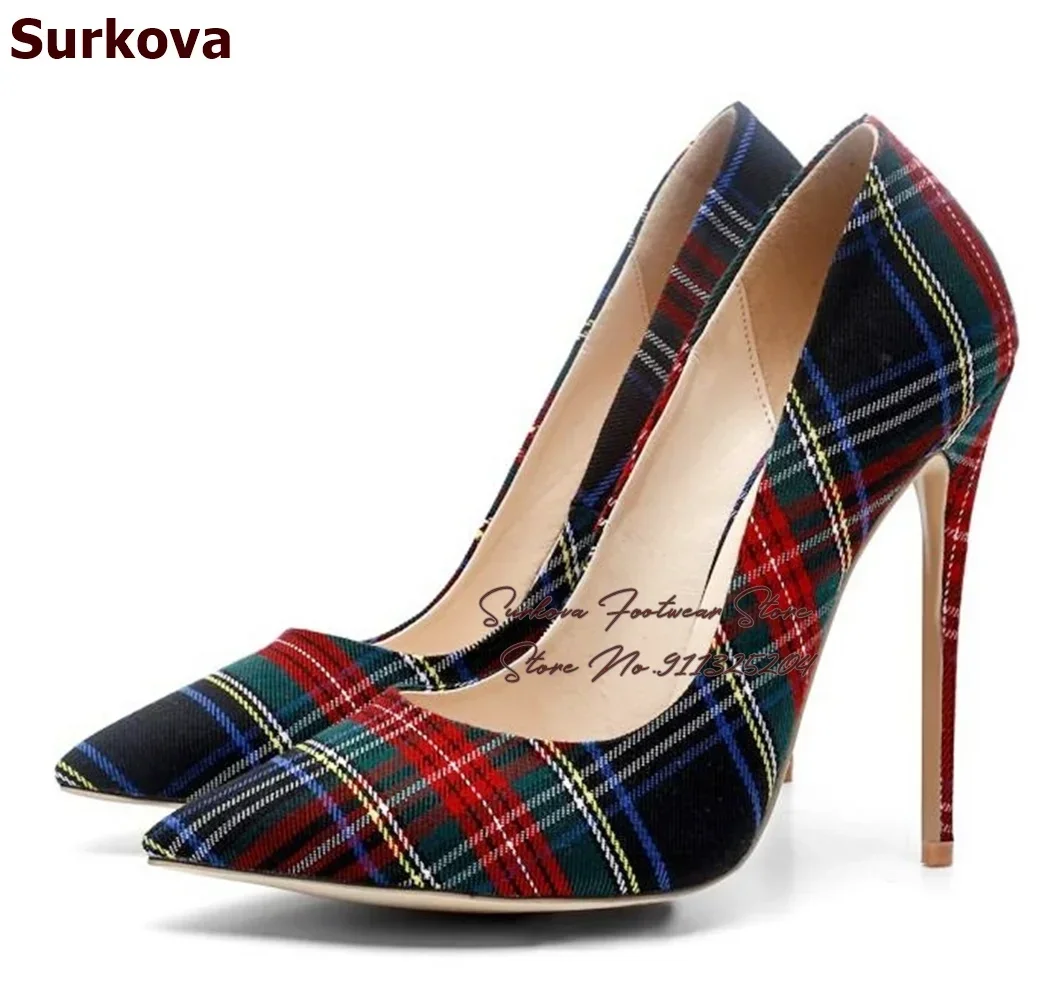 Surkova Elegant Red Green Checkered Cloth High Heel Shoes 12cm 10cm 8cm Real Photo Shallow Pointed Toe Plaid Wedding Pumps US13