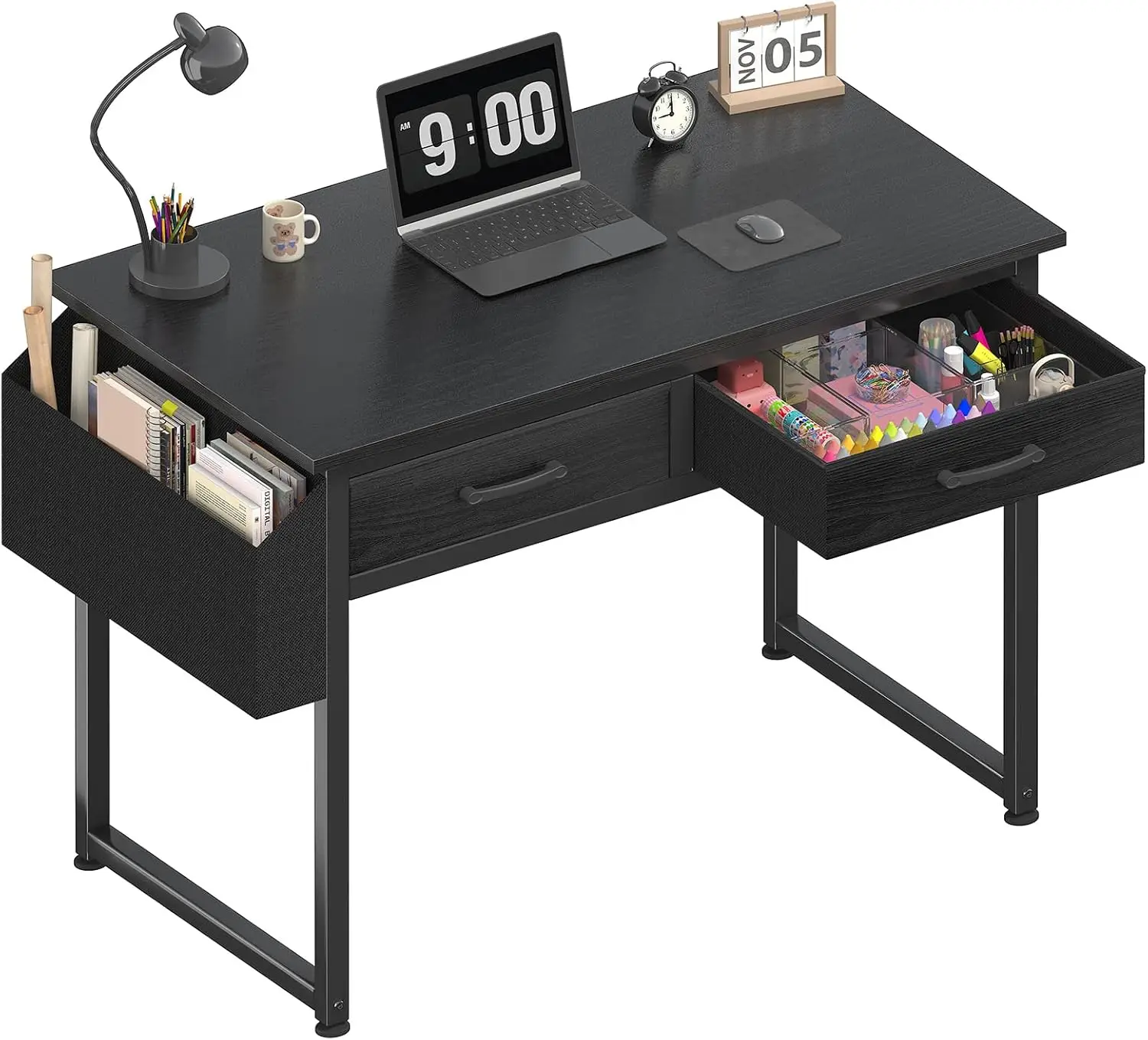 

32-Inch Compact Desk with Fabric Drawers, Gaming Study Table for Small Spaces, Black