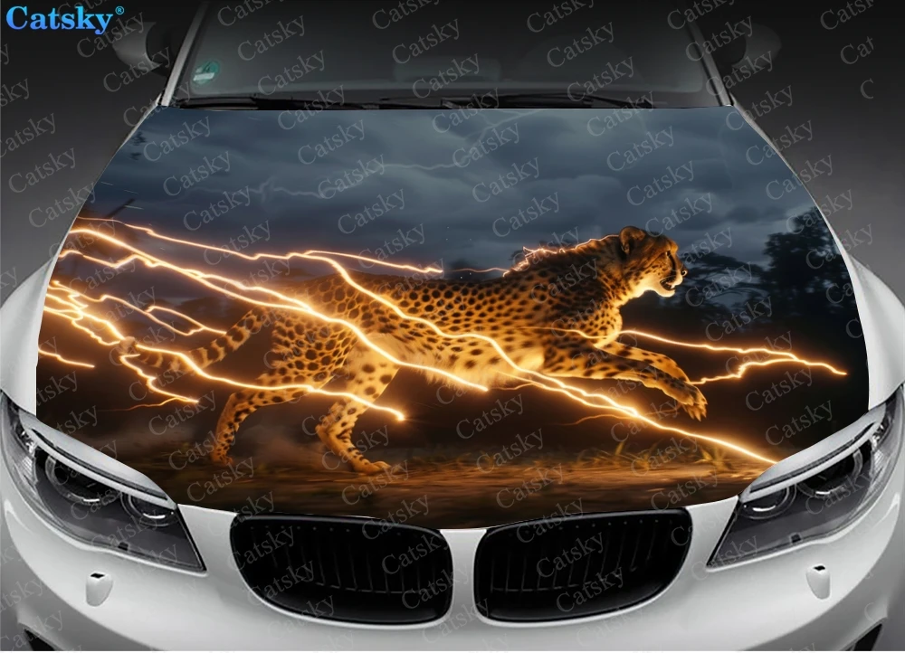 Cheetah with Lightning Car Hood Decal Stickers Wrap Vinyl Film Engine Cover Decals Sticker Car Hood Protective Film