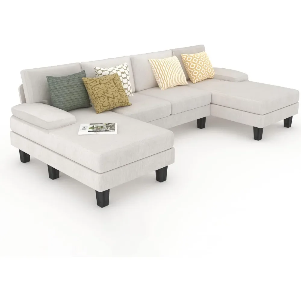 Convertible Sectional Sofa Couch, Modern Chenille Fabric U-Shaped, 4-Seat with Long Chaise for Living Room, White