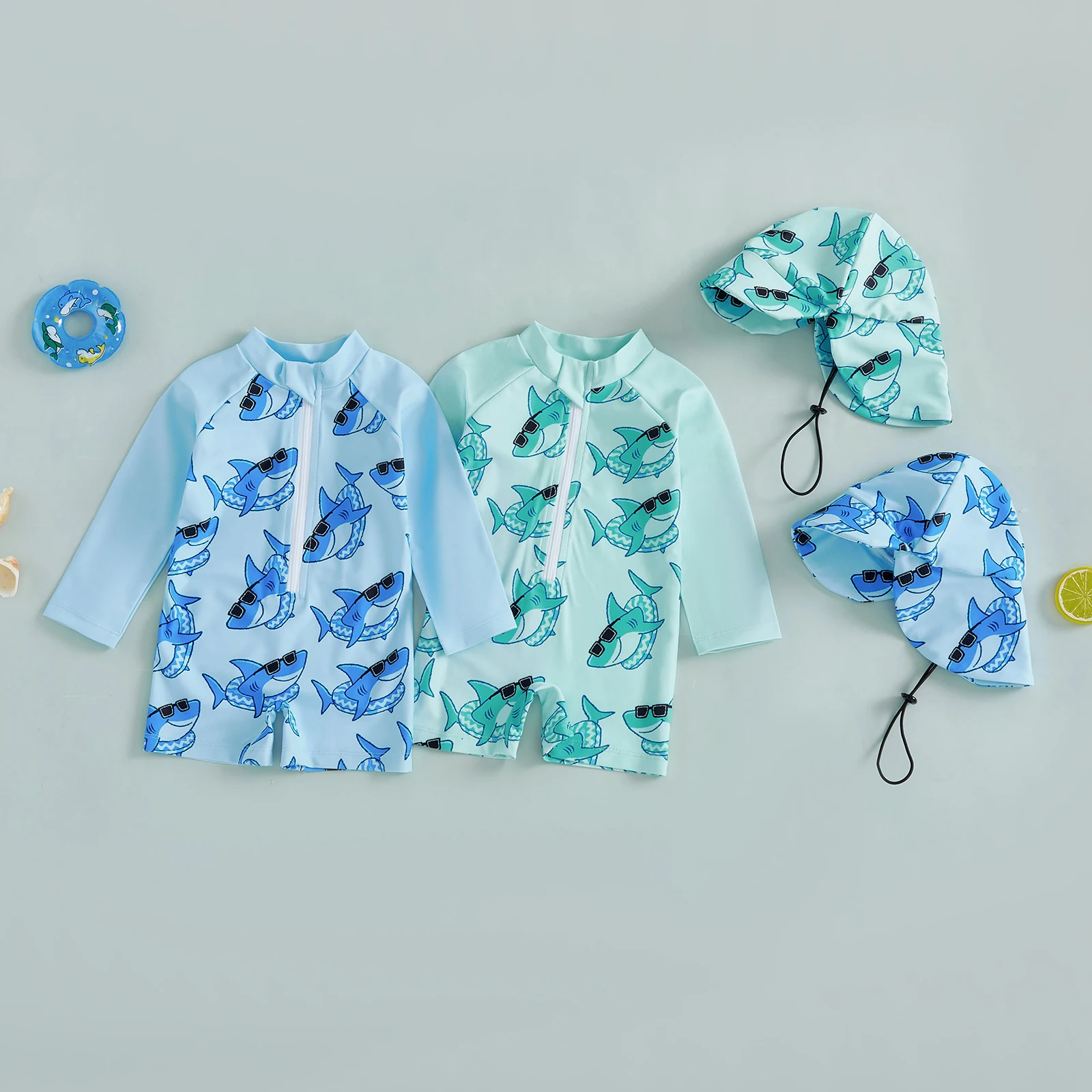 Summer Toddler Kids Baby Boys Rash Guard Swimsuits Shark Print Long Sleeve Zip Up Swimwear Bathing Suits with Sun Cap