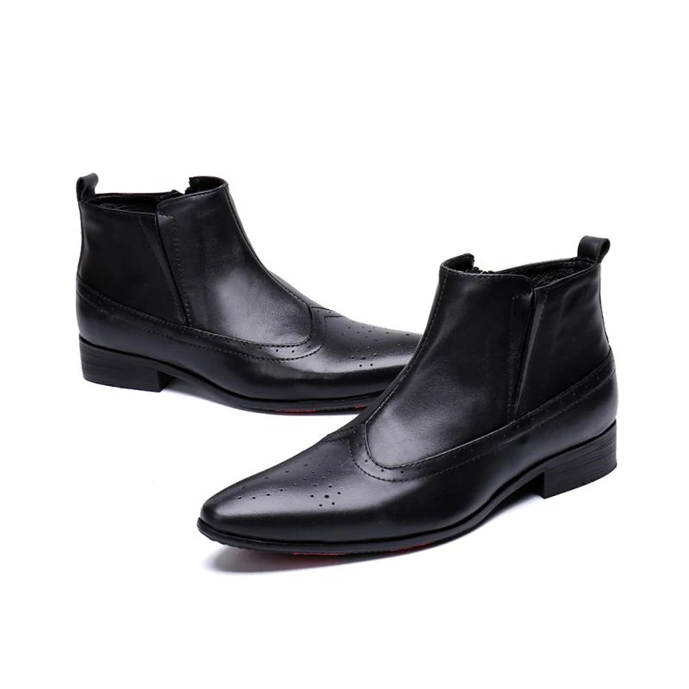 Black Genuine Leather Low Heels Pointed Toe Zipper Boots Male Plus Size Fashion Party British Style Business Dress Shoes