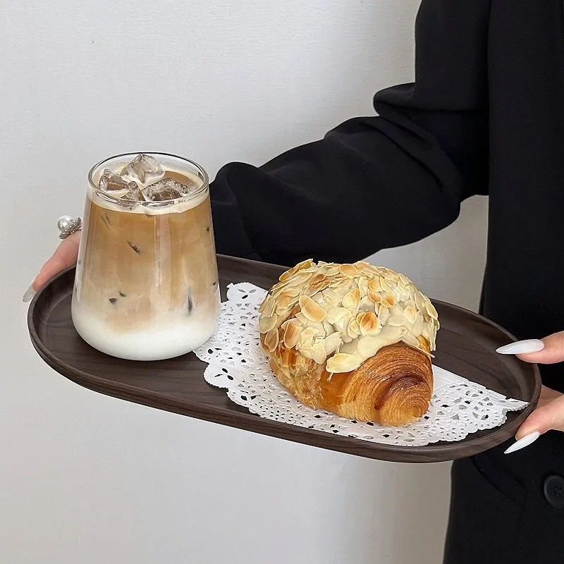 Oval Walnut Wood Serving Tray, Ins Style Tea Water Cup Holder for Home, Coffee Shop Cake Dessert Plate