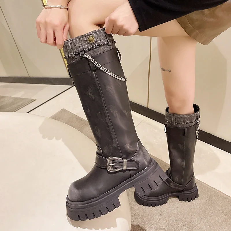 Winter Chunky Women Long Boots Fashion Zippers Ladies Elegant Knee High Boots Platform Thick Bottom Women\'s Footwear