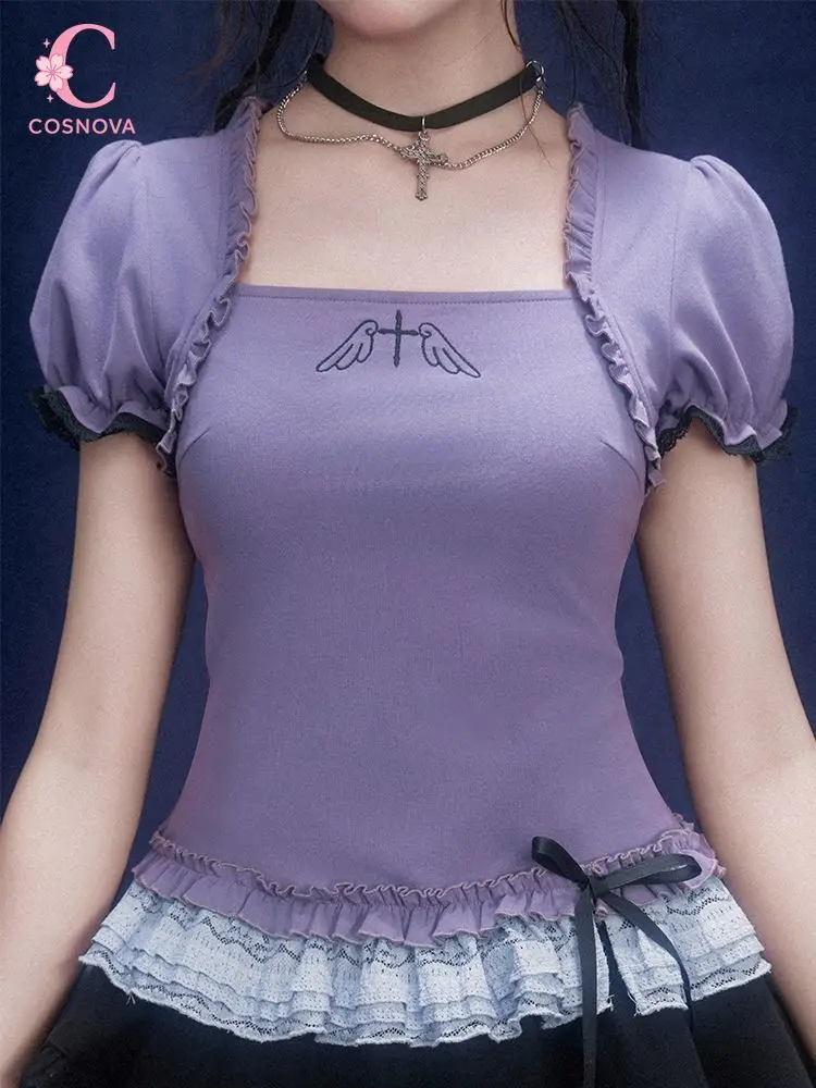 

Y2K Gothic 2 Piece Set Women Square Neck Puff Sleeve Crop Top Ruffle Lace Trim Bow Embroidery Slim Fit Casual Streetwear Outfit