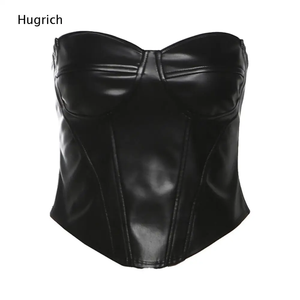 Bone Shaping Faux Leather Bustier Ladies Black Strapless Sweetheart Neck Stitch Seam Slim Irregular Hem Street Tube Top