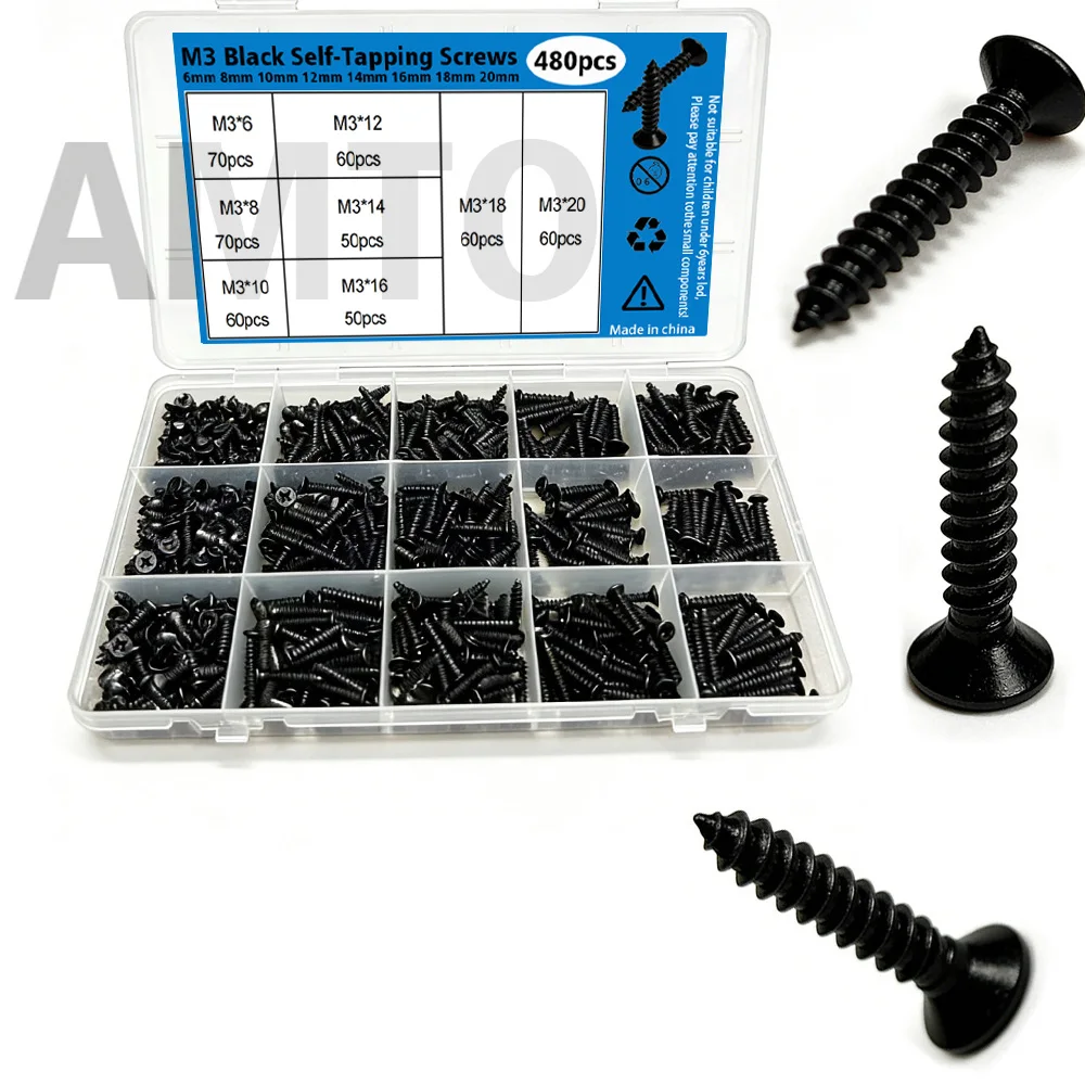 480 Black Self-Tapping Screws (6mm, 8mm, 10mm, 12mm, 14mm, 16mm, 18mm, 20mm), Wood Screw Locking Kit