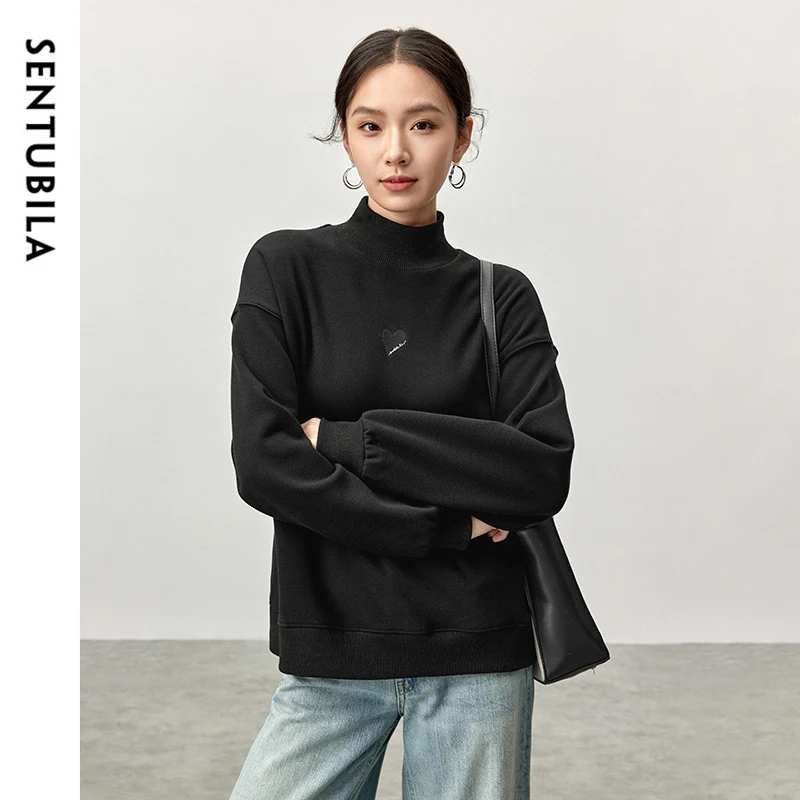 SENTUBILA Embroidery Knit Cotton Sweatshirt Women Winter 2024 Simple Loose Fit Half High Collar Drop Sleeve Women Top 144A57150