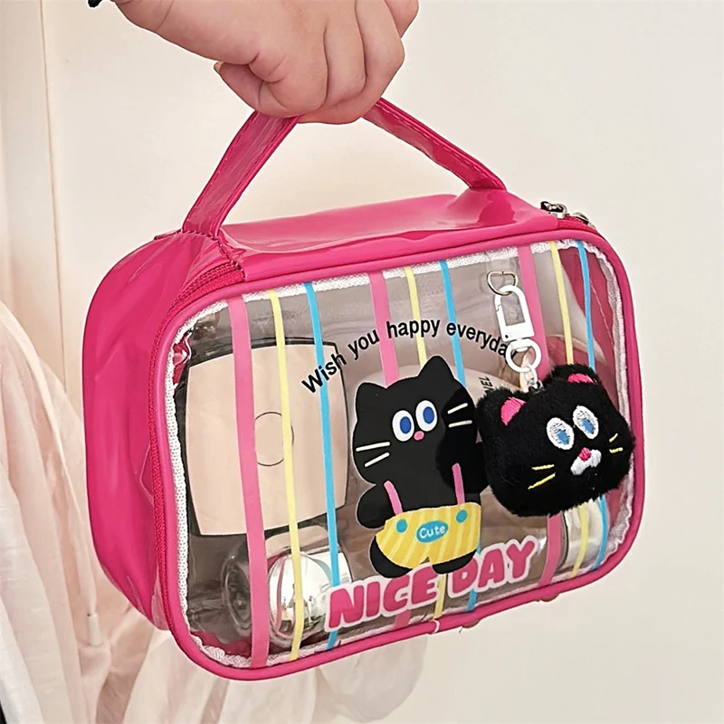 Bolsa de maquiagem de boneca fofa de desenho animado, bolsa elegante, bolsa de armazenamento de grande capacidade, bolsa transparente à prova d'água de PVC