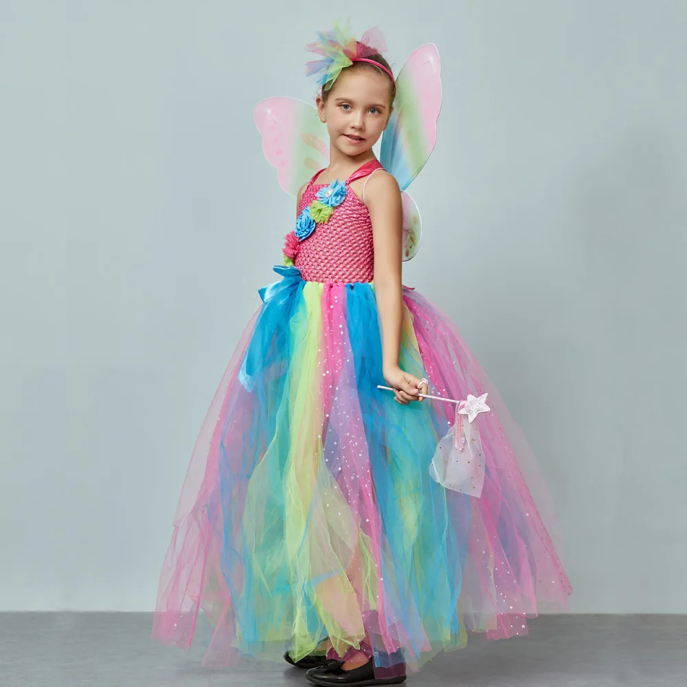 Halloween Kids Long Butterfly Floral Princess Tutu Dress Girls Soft Mesh Gown Children Bridal Attire Stage Performance Outfit