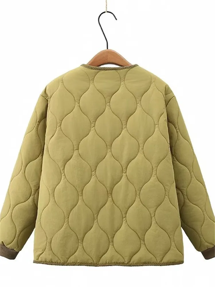 Plus Size Women\'s Clothing Winter Cotton Coat Collarless Long Sleeves Single Breasted Wavy Line Quilted Design Large Size Coat