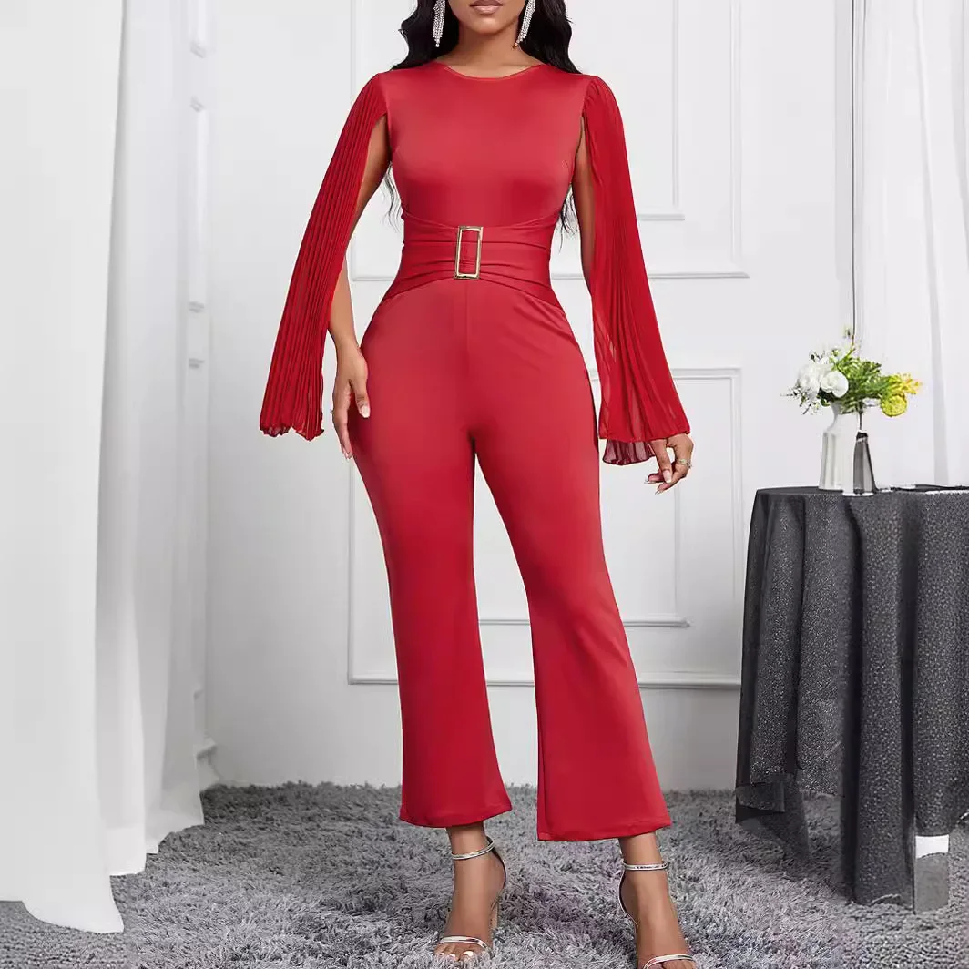 Women Elegant Jumpsuits Round Neck Stylish Streamer Sleeves Waist Buckle Decorations Sexy Slim Fit Birthday Party Dinner