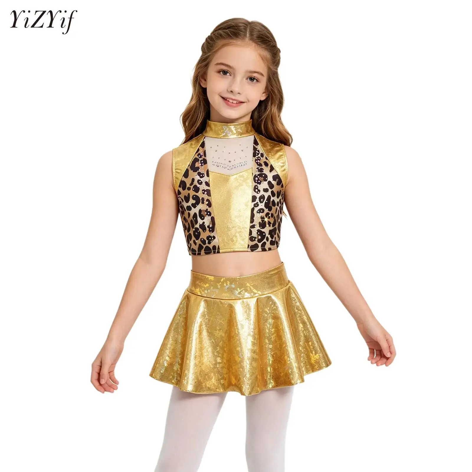 

Teen Sequins Jazz Latin Ballet Dance Dress Costume Set Sparkly Crop Top with Skirted Bottom Outfits for School Stage Show Party