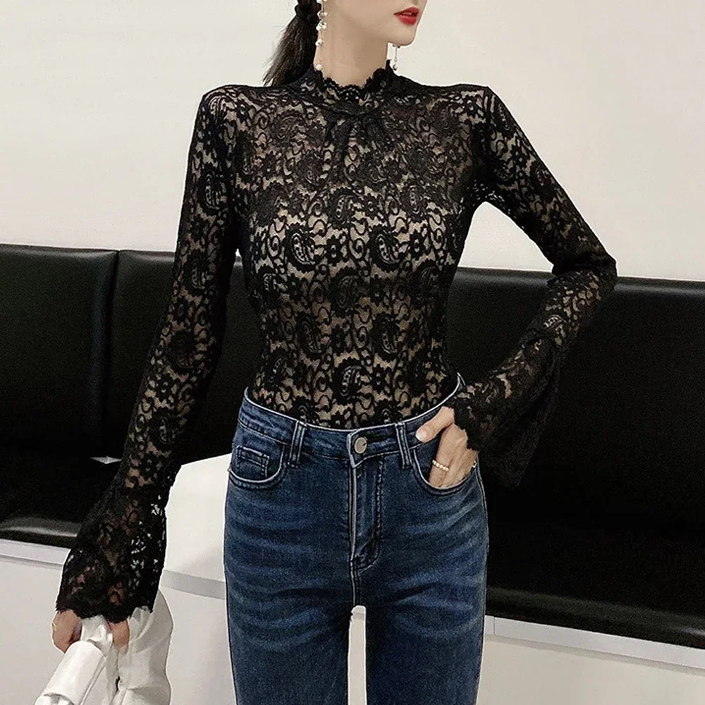 Elegant Turtleneck Ruffles Hollow Out Lace Blouse Women Clothing Paisley Lace T Shirts Pullovers Flare Sleeve Office Lady Top