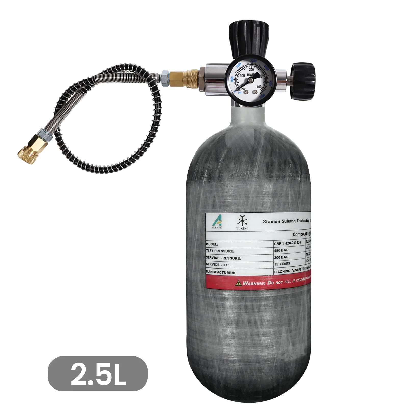 TUXING 2.5L High Pressure Carbon Fiber Cylinder with 6000Psi Fluorescent Pressure Gauge Inflation Valve Tank for Scuba Diving